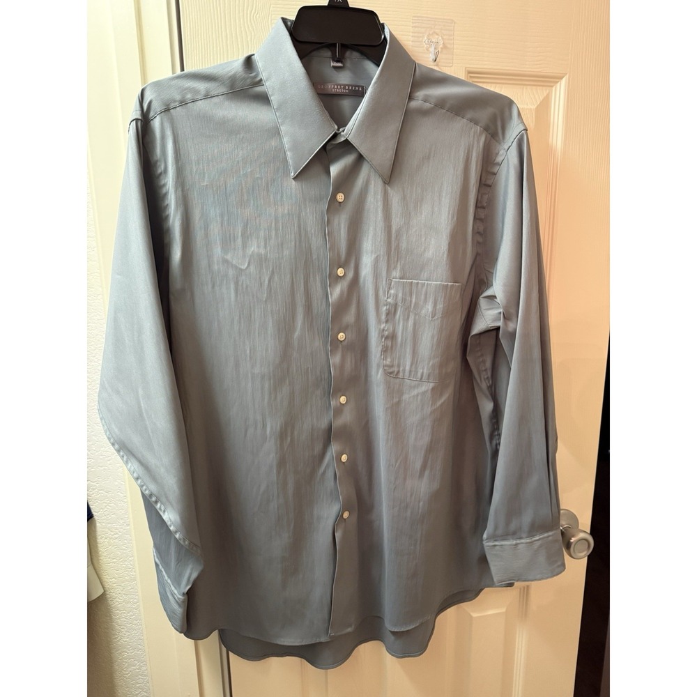 Geoffrey Beene Mens Dress Shirt Sage Green Striped 17.5 34/35 Regular Fit